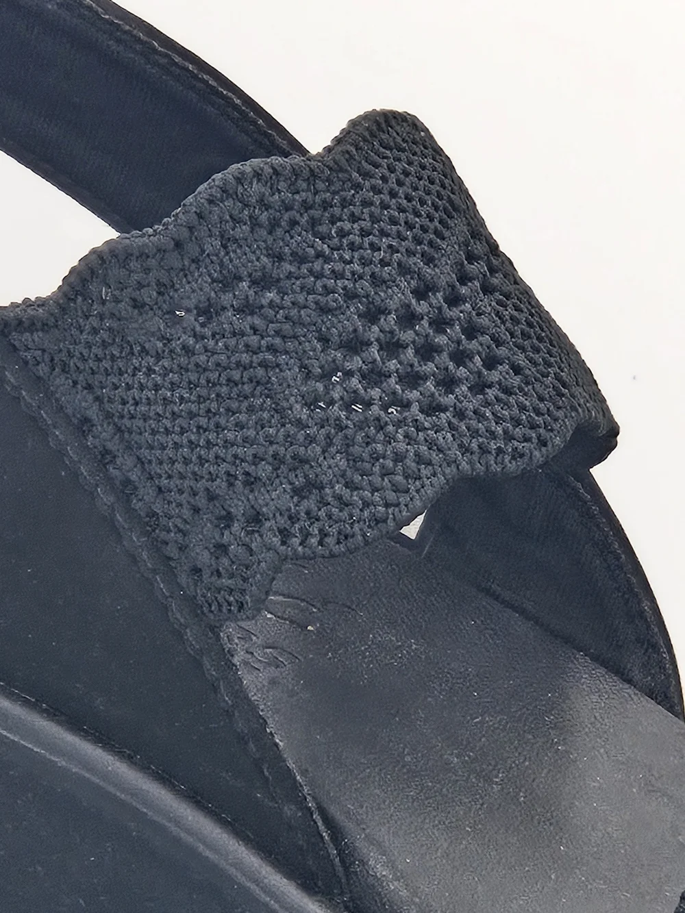 Cali from Skechers Rumble On-New Crush Black Suede Crochet Wedge Sandals Size 8